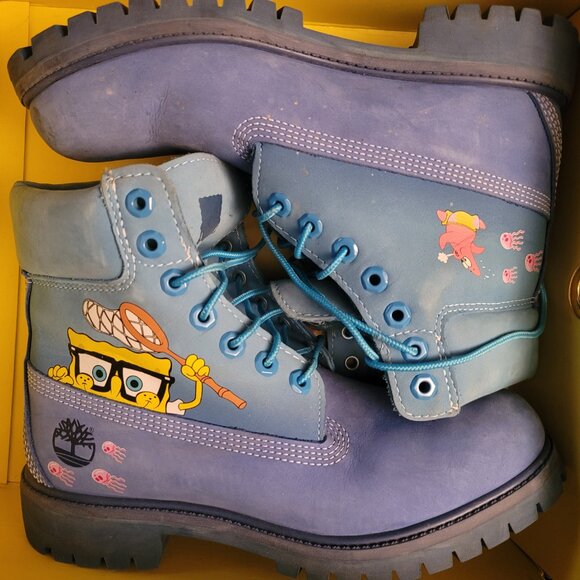 Timberland Premium 6 Waterproof Bright Blue Nubuck SpongeBob Boots US men SZ 7.5 - Picture 5 of 16